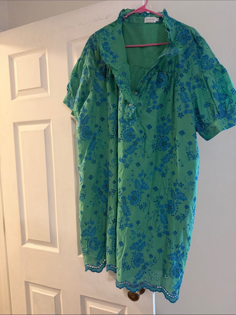 Green Floral Mini Dress with Blue Print - Vintage Style